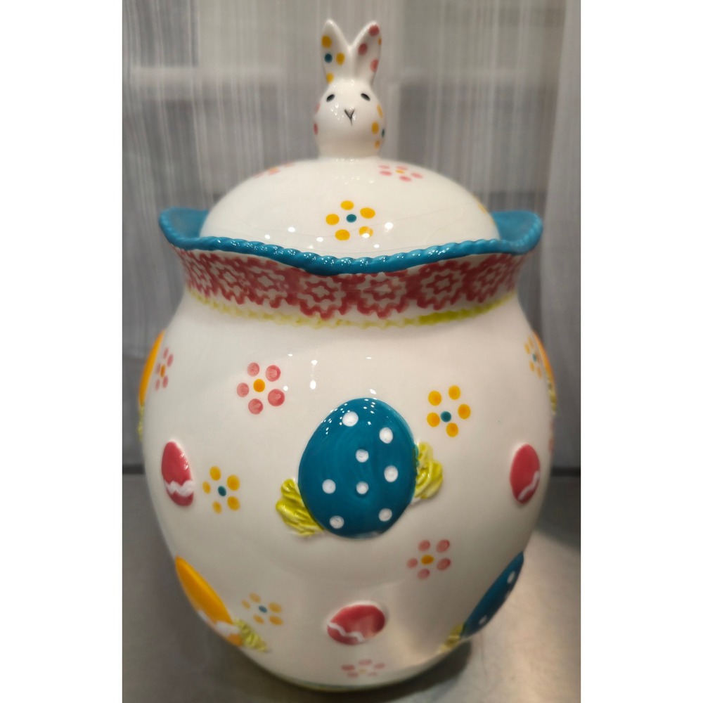 Temptations Old World Easter Bunny Cookie Jar Ceramic Canister Hand Painted